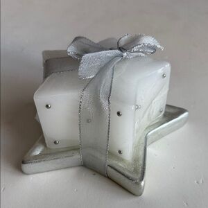 Star-Shaped White Candle on Silver tray with Silver Ribbon